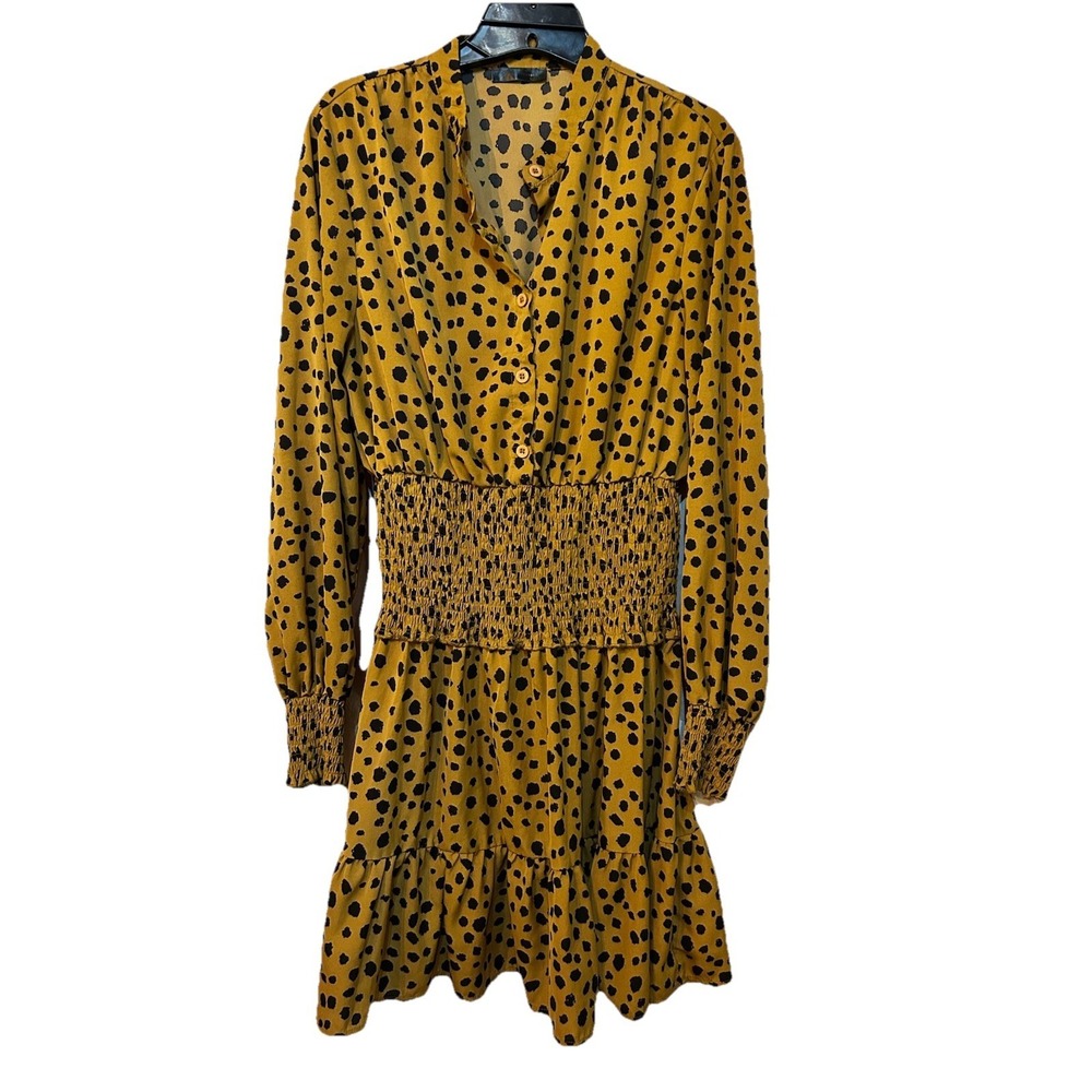 PRETTYGARDEN Leopard Print Mini Short Boho Button Ruffle Stretch Shirt Dress‎ L